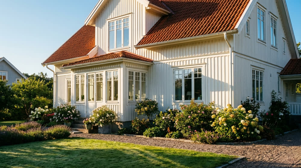 Klassisk svensk villafasad i morgonsol