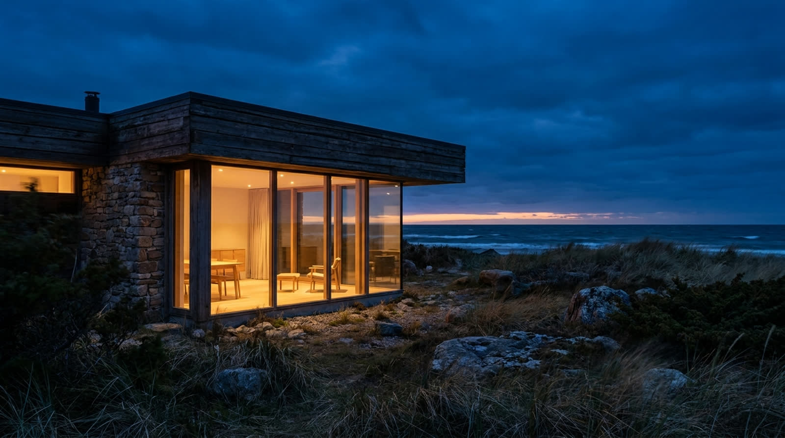 Arkitektritad villa i mörkt trä och sten vid havet i skymning