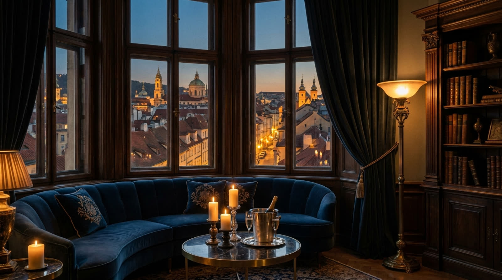 Paradvåning med burspråk och utsikt över stadens takåsar